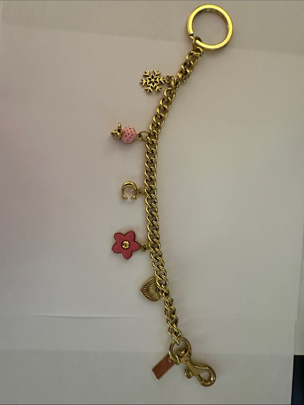 Inspired Gold-Tone Charm Keychain with Pink Flower Accent